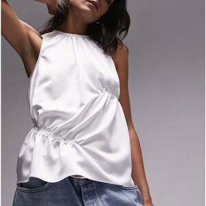 Topshop White Satin Keyhole Back Ruched Womens Tank Top Blouse 2